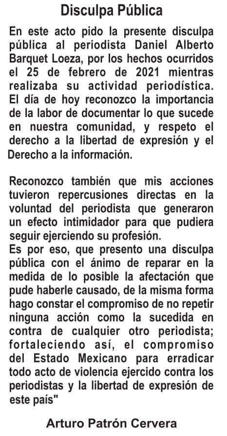 YUCATAN | Disculpa pública a Periodista de Yucatán