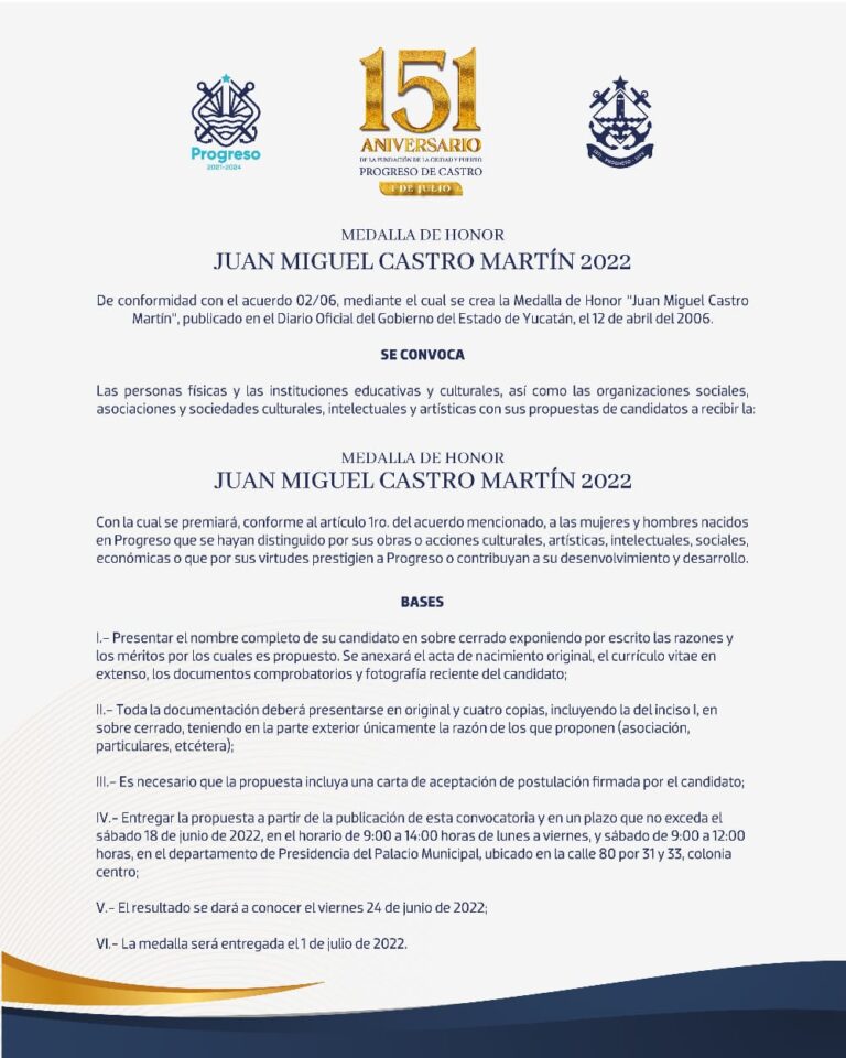 PROGRESO | CONVOCATORIA “MEDALLA DE HONOR JUAN MIGUEL CASTRO MARTÍN 2022”